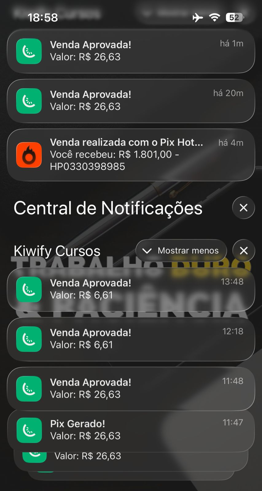 Notificações da Kiwify com vendas aprovadas