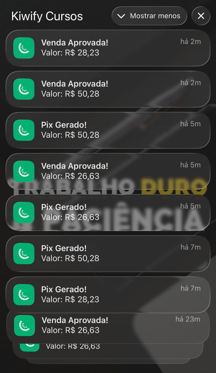Lista de notificações de vendas aprovadas na Kiwify
