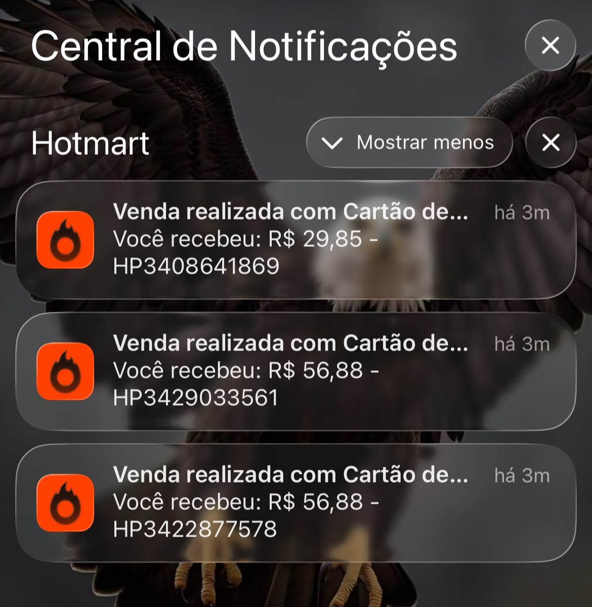 Central de notificações com vendas realizadas por cartão