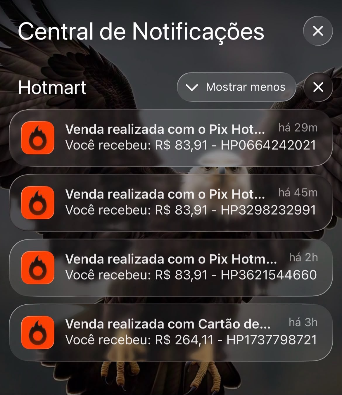 Central de notificações com várias vendas recebidas